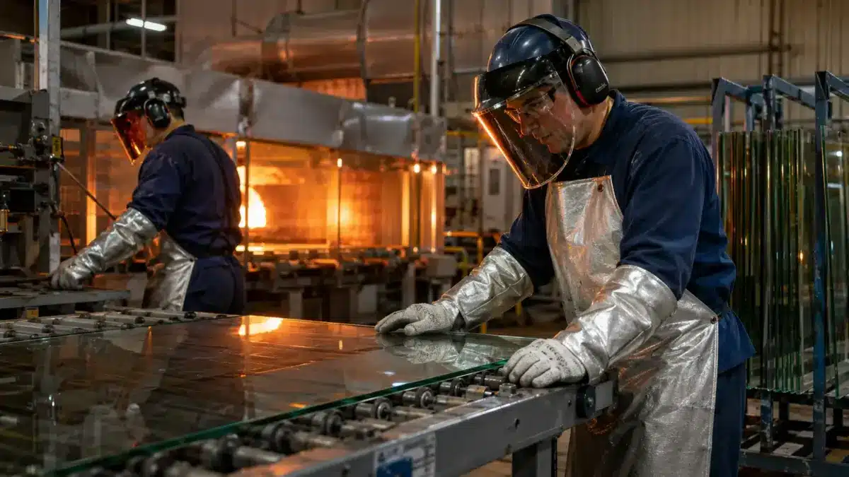 Industrial welders in protective gear work at a metal fabrication facility, with one worker welding a large steel plate while heat and light glow in the background workshop.