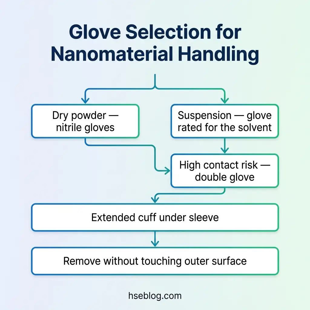Flowchart showing glove selection guidelines for handling nanomaterials, branching into dry powder and suspension options with recommendations for nitrile gloves, solvent-rated gloves, double gloving for high contact risk, extended cuffs, and safe removal procedures.