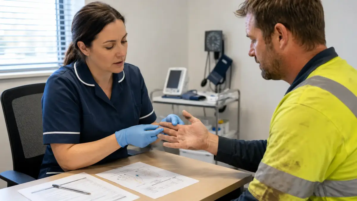 Healthcare professional in blue scrubs examining a patient's hand in a medical clinic office, with examination equipment visible in the background.