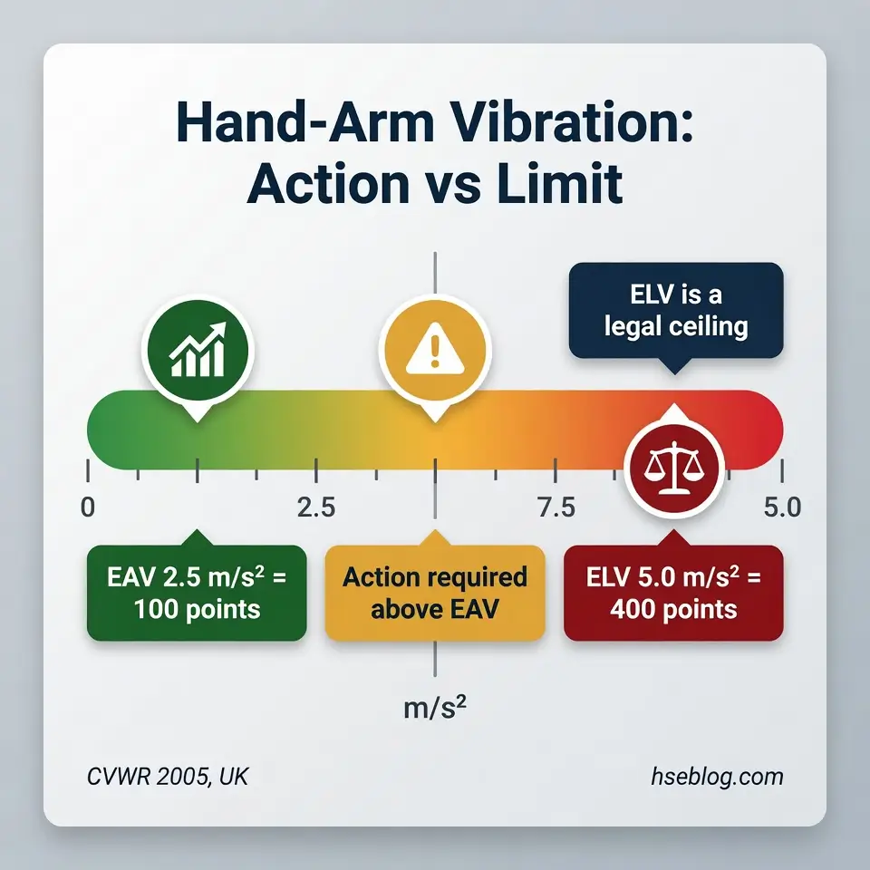 Infographic showing hand-arm vibration exposure levels from 0 to 5.0 m/s², with EAV at 2.5 m/s² marking action required threshold and ELV at 5.0 m/s² as the legal ceiling limit.