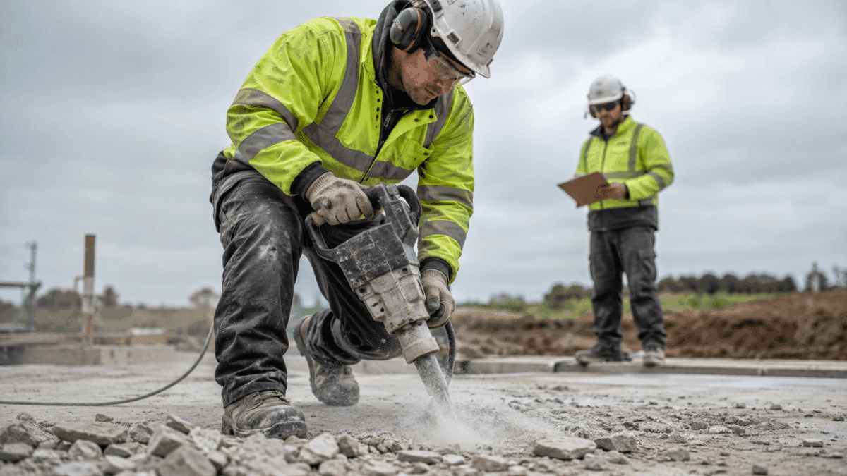 Construction worker in high-visibility gear operating a pneumatic jackhammer on concrete while a supervisor monitors progress on an outdoor job site.