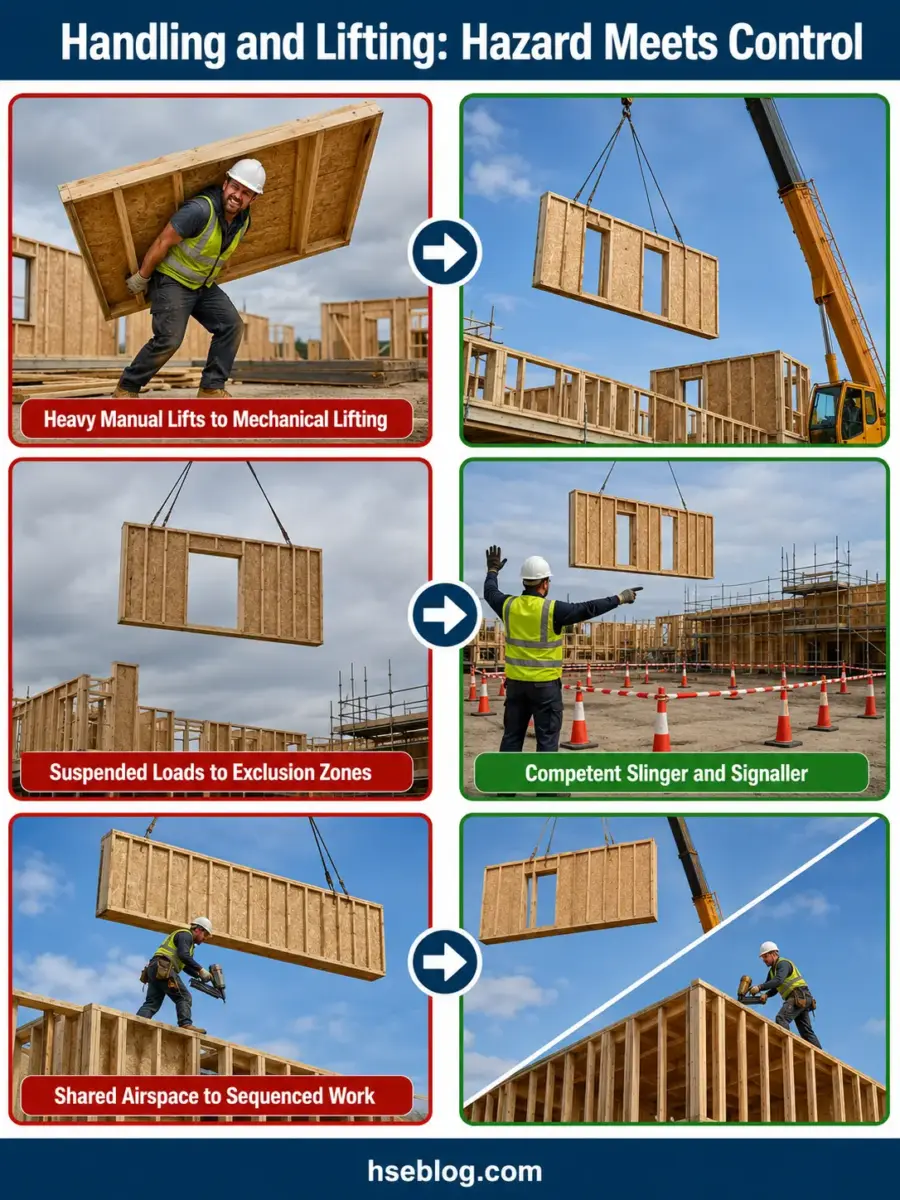 Construction safety infographic showing six hazard control methods: replacing manual lifting with mechanical equipment, establishing exclusion zones for suspended loads, using competent signalers, and sequencing work to prevent shared airspace hazards.