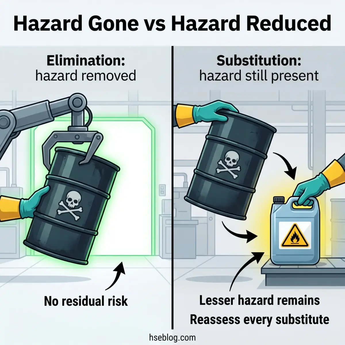 Illustration comparing hazard elimination versus substitution in workplace safety, showing removal of toxic barrel on left versus replacing it with flammable liquid on right.