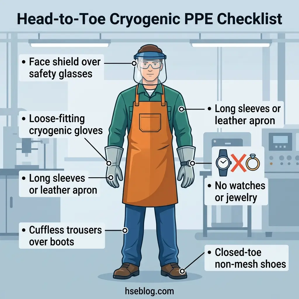 Illustration of a worker in full cryogenic PPE protection including face shield, gloves, apron, trousers, and closed-toe shoes with labeled safety equipment checklist items.