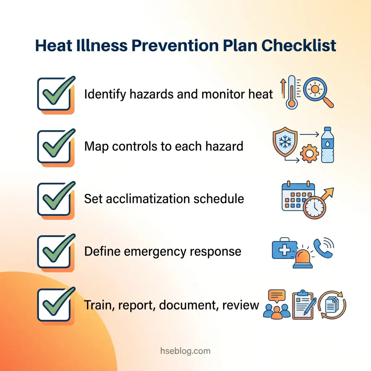 Heat Illness Prevention Plan Checklist displaying five key steps with checkboxes and icons: identify hazards and monitor heat, map controls to each hazard, set acclimatization schedule, define emergency response, and train report document review.