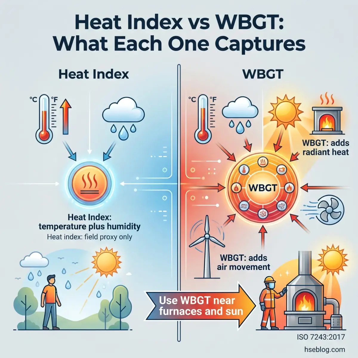 Infographic comparing Heat Index and WBGT metrics, showing how Heat Index measures temperature and humidity while WBGT adds radiant heat and air movement factors for more accurate heat stress assessment in outdoor and industrial environments.