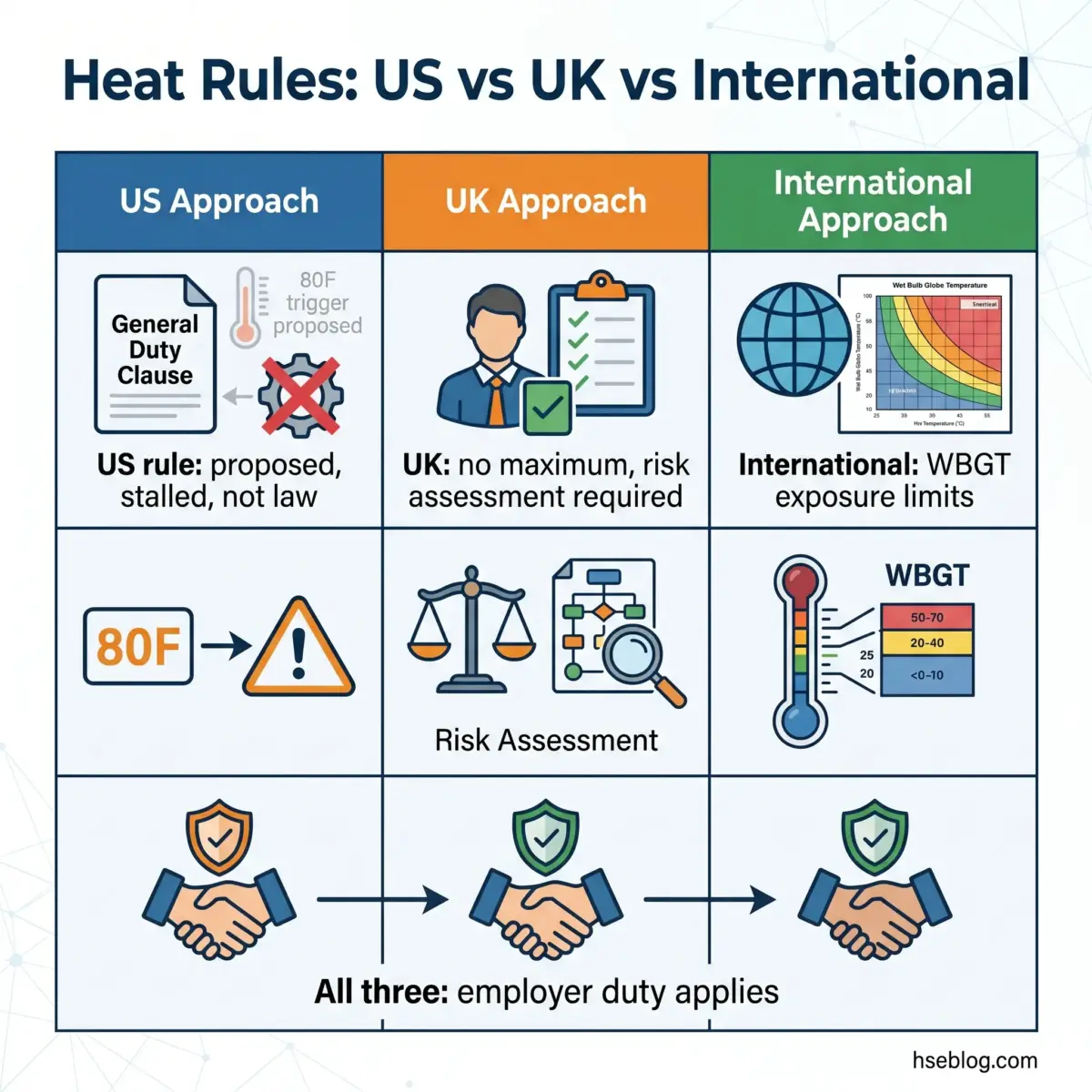 Comparison chart showing US, UK, and International heat rules approaches, including general duty clauses, risk assessments, and WBGT exposure limits, with employer duty requirements applying across all three frameworks.