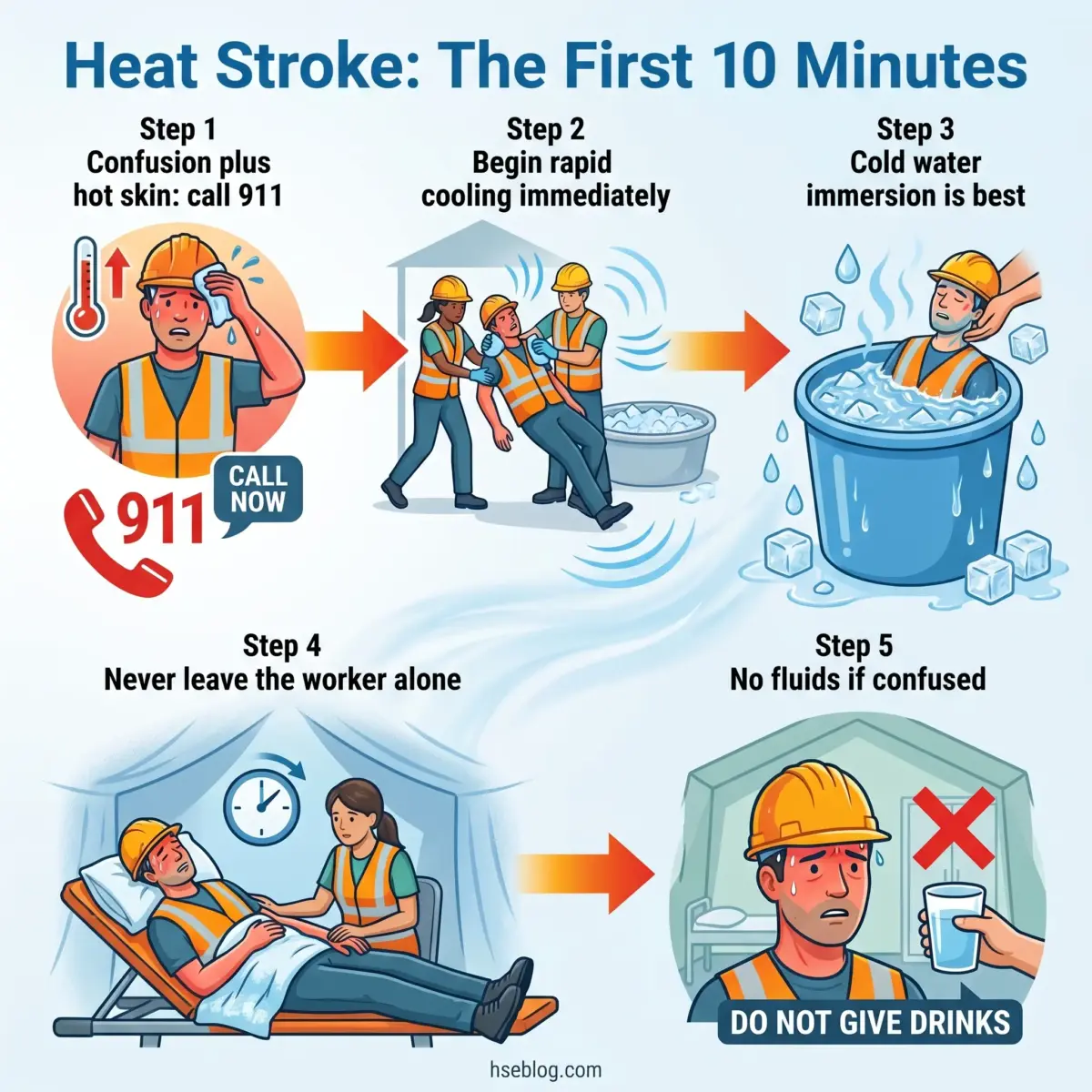 Infographic showing five steps for responding to heat stroke in the first 10 minutes: calling 911, rapid cooling, cold water immersion, staying with the victim, and avoiding fluids if confused.
