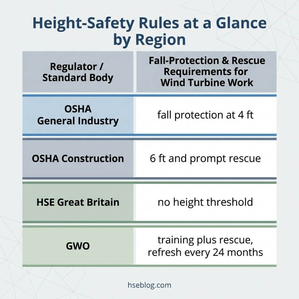 Comparison table of height-safety rules and fall-protection requirements for wind turbine work across OSHA General Industry, OSHA Construction, HSE Great Britain, and GWO standards.