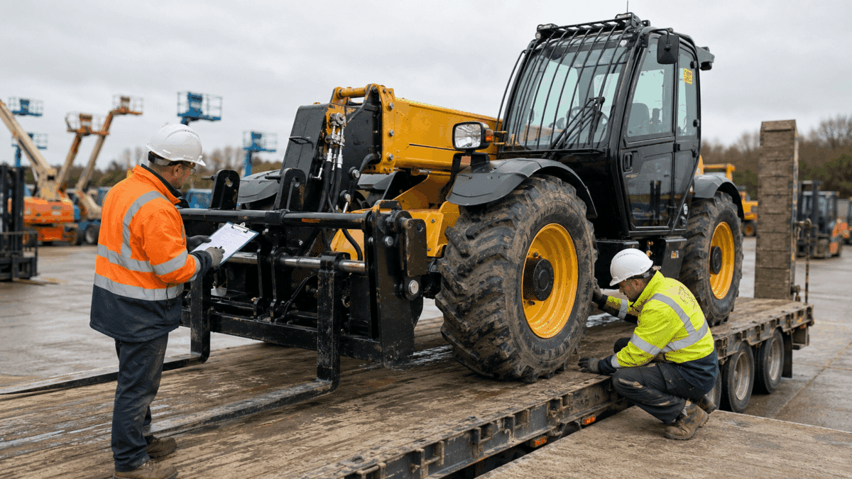 Two construction workers in safety gear inspect and secure a yellow telescopic handler on a flatbed trailer at an equipment yard.