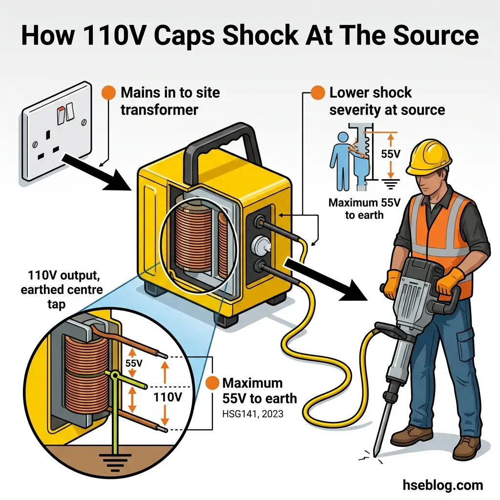 Diagram explaining how 110V site transformers reduce electrical shock risk by limiting voltage to earth to maximum 55V, showing transformer, worker with tool, and safety specifications.