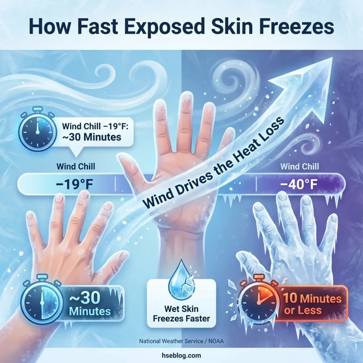 Infographic showing how fast exposed skin freezes at different wind chill temperatures, displaying three hands with timelines ranging from 30 minutes at -19°F to 10 minutes or less at -40°F, with a note that wet skin freezes faster.