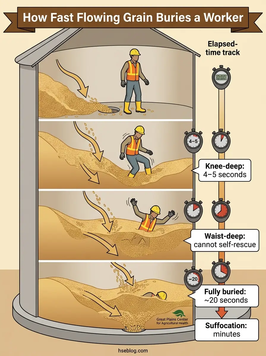 Infographic showing four stages of a worker being buried in flowing grain within a storage bin, with elapsed time indicators ranging from 4-5 seconds at knee depth to approximately 20 seconds when fully buried, demonstrating the dangers of grain entrapment.