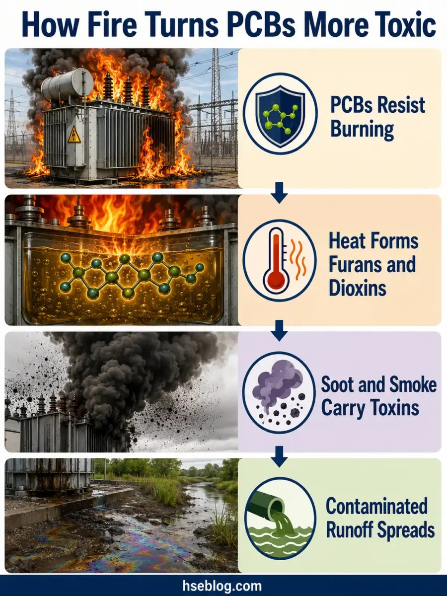 Infographic showing how fire transforms PCBs into toxic compounds through four stages: heat-resistant PCBs, formation of furans and dioxins, soot and smoke dispersal, and contaminated water runoff.