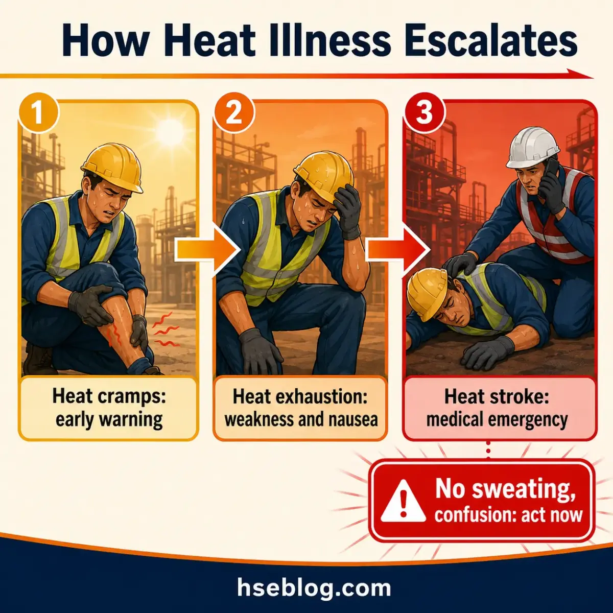 Infographic showing three stages of heat illness progression in construction workers: heat cramps as early warning, heat exhaustion with weakness and nausea, and heat stroke as a medical emergency requiring immediate action.