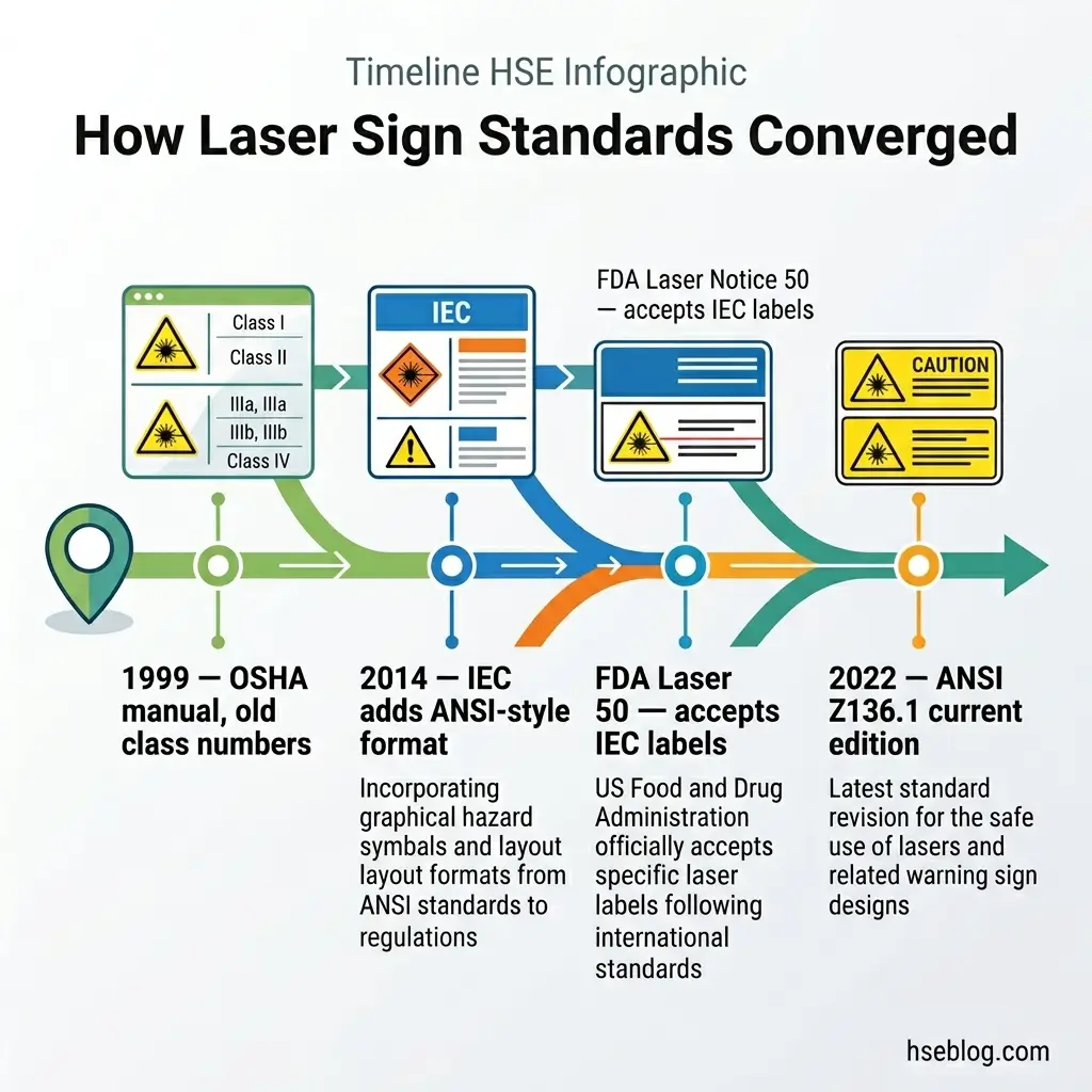Timeline showing the convergence of laser sign safety standards from 1999 OSHA manual classifications through 2014 IEC format adoption, 2015 FDA acceptance of IEC labels, to 2022 ANSI Z136.1 current edition guidelines.