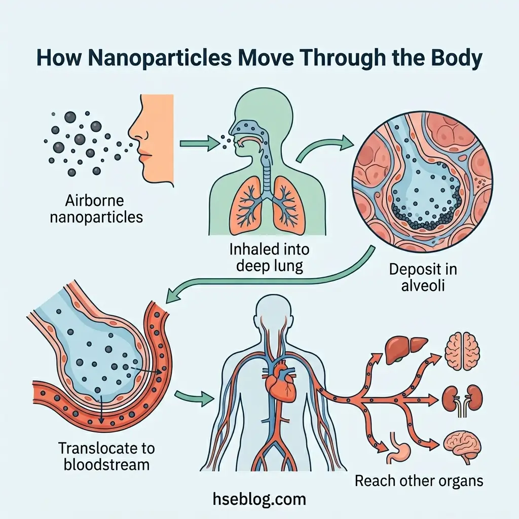Diagram showing the pathway of airborne nanoparticles entering through the nose, depositing in lung alveoli, translocating into the bloodstream, and distributing to organs including the heart, liver, kidneys, and brain.