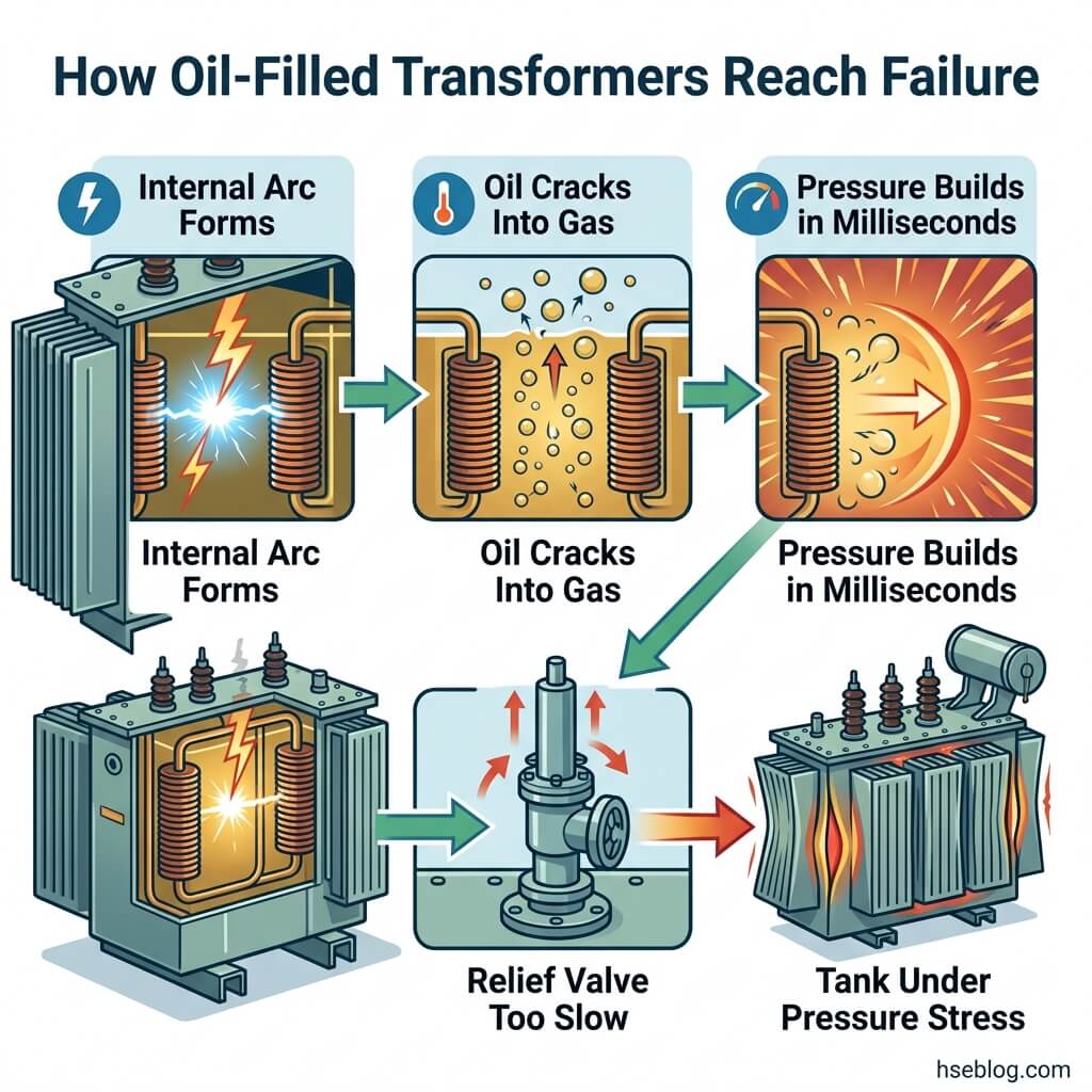 Diagram showing the failure sequence of oil-filled transformers: internal arc formation causing oil to crack into gas, rapid pressure buildup, slow relief valve response, and resulting tank rupture under pressure stress.
