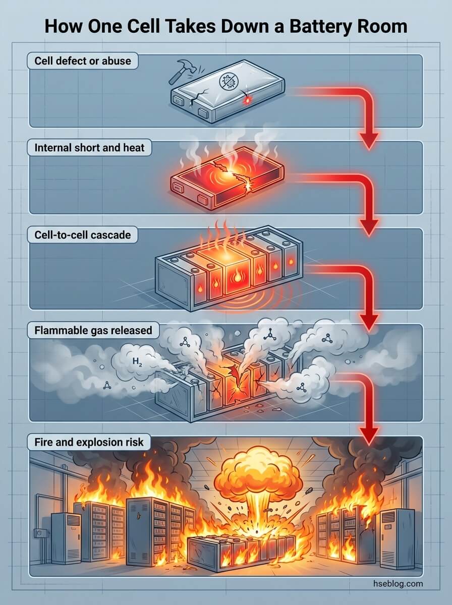 Infographic showing five escalating stages of battery failure: cell defect causing internal short and heat, spreading to adjacent cells, releasing flammable gases, and culminating in fire and explosion risk in a battery room.