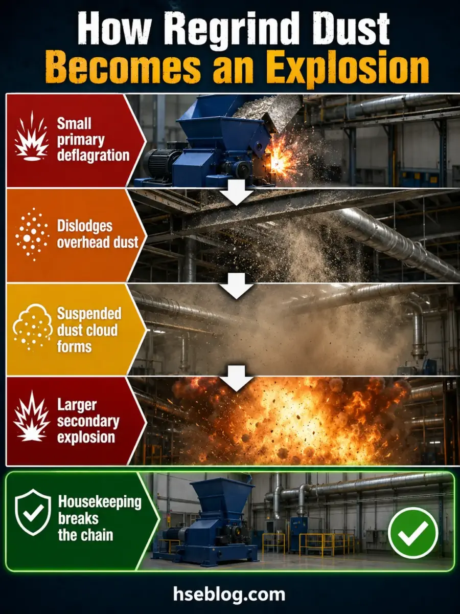 Infographic showing the five-stage process of how regrind dust becomes an explosion, from primary deflagration through dust cloud formation to secondary explosion, with housekeeping as prevention.
