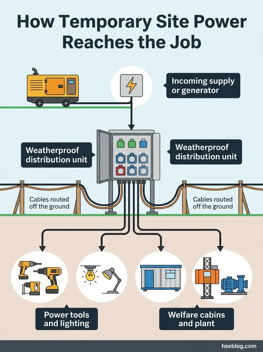 Diagram showing how temporary site power from a generator reaches job sites through weatherproof distribution units and cables to supply power tools, lighting, welfare cabins and plant equipment.