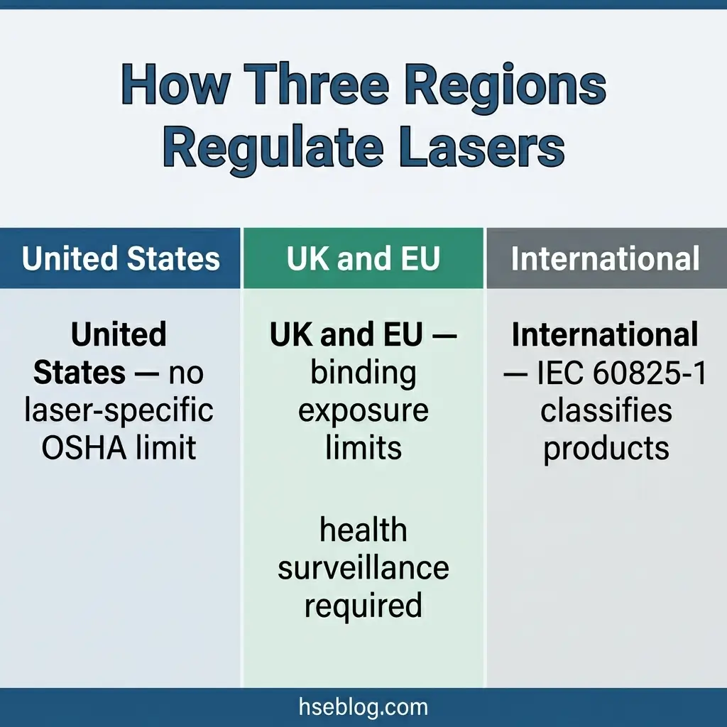 Comparison chart showing how the United States, UK and EU, and International regions regulate lasers with different exposure limits and classification standards.
