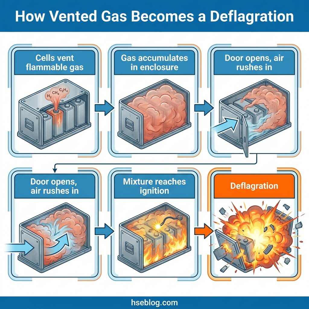 Infographic illustrating the six-step process of how vented gas from battery cells accumulates in an enclosure and eventually causes a deflagration explosion when ignited by incoming air.