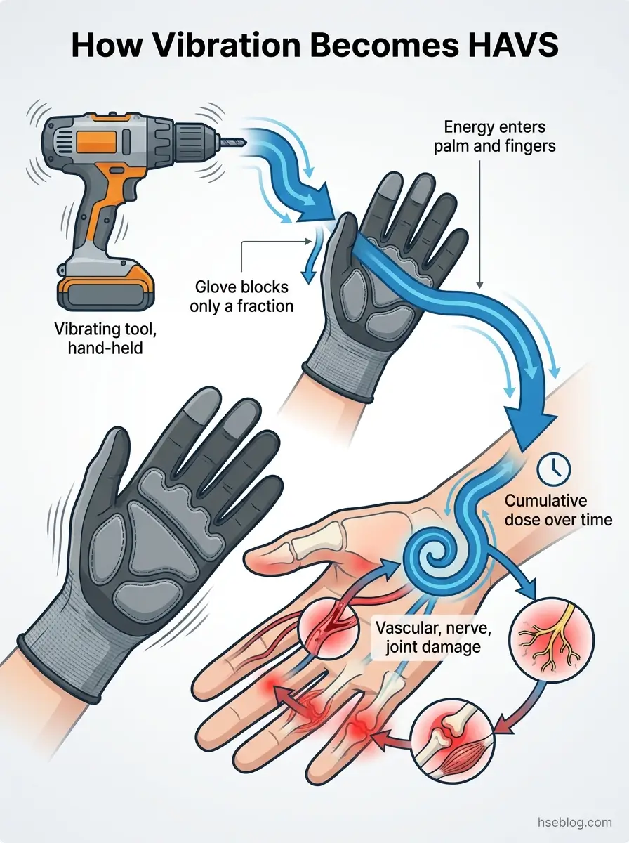Diagram showing how vibrating hand tools transmit energy through protective gloves into the palm and fingers, causing cumulative vascular, nerve, and joint damage over time, illustrating Hand-Arm Vibration Syndrome development.