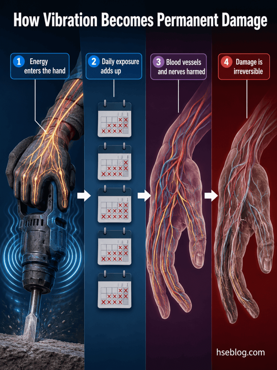 Infographic showing four stages of how vibration damage develops in hands: energy entering the hand from a power tool, daily exposure accumulating over time, blood vessels and nerves becoming damaged, and permanent irreversible tissue injury.