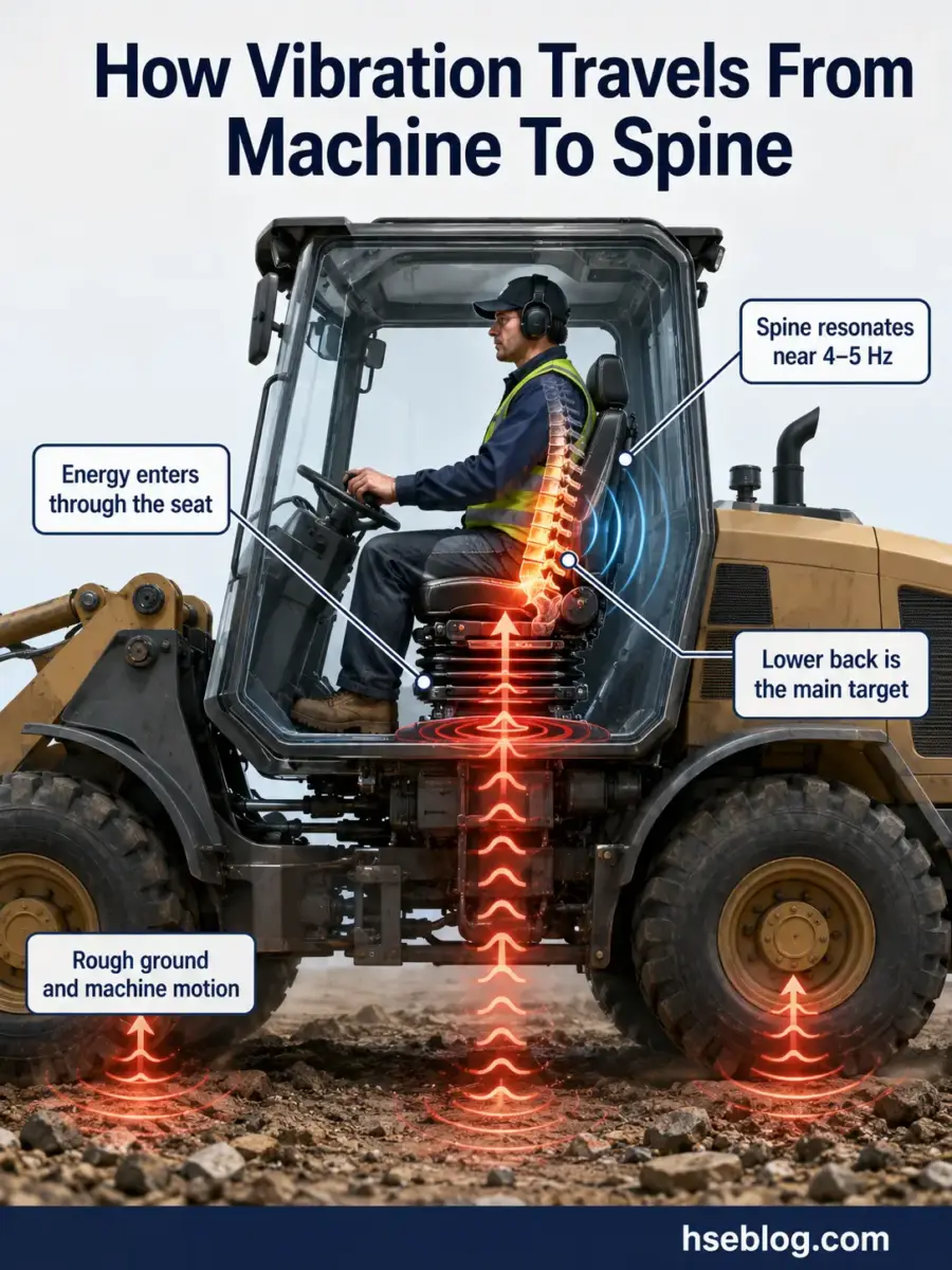 Diagram showing how vibration from heavy machinery travels through a vehicle seat to the operator's spine, highlighting the path from rough ground through the seat to lower back areas.