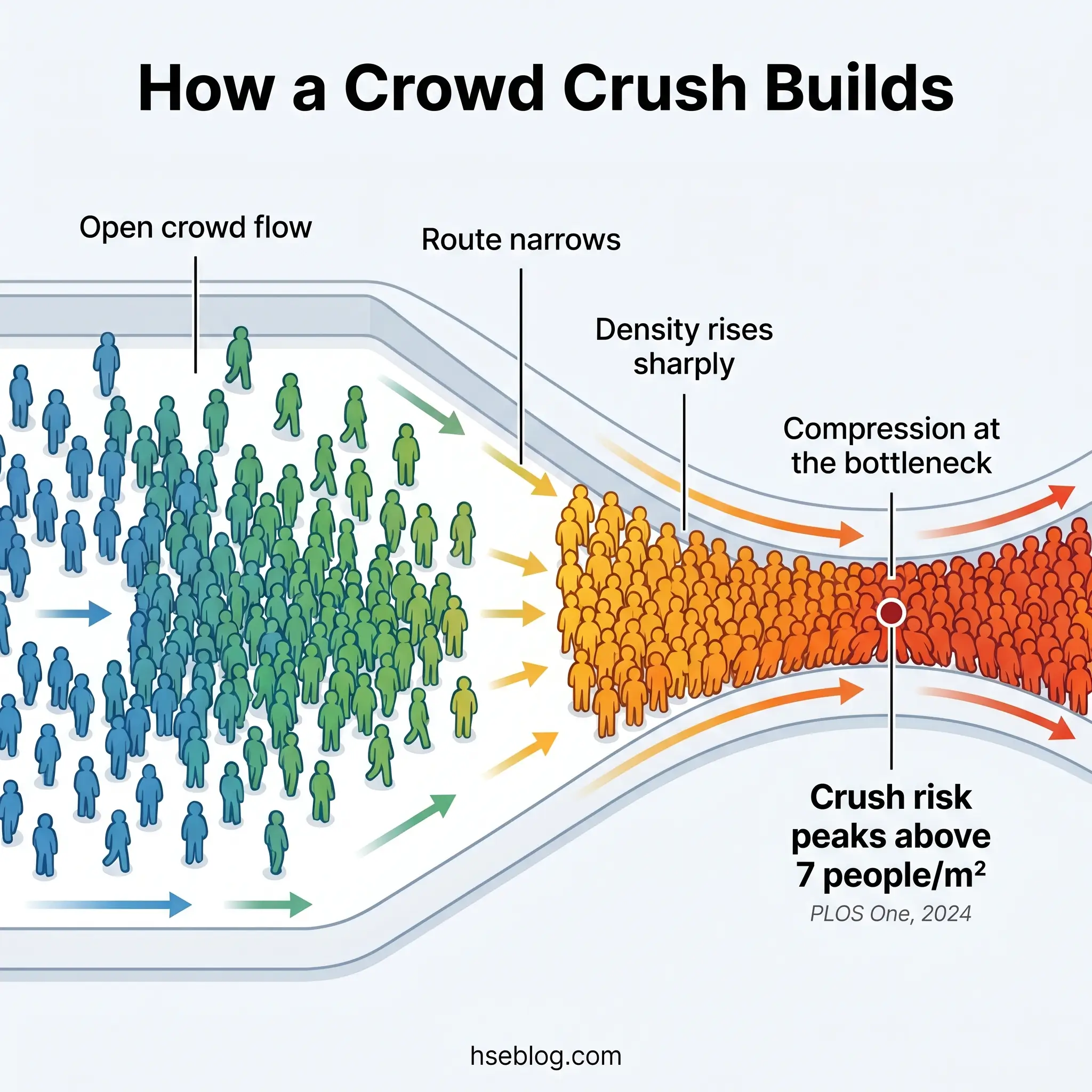 Diagram illustrating the progression of crowd crush formation, showing how open crowd flow becomes dangerous compression at a bottleneck as density increases, peaking above 7 people per square meter.