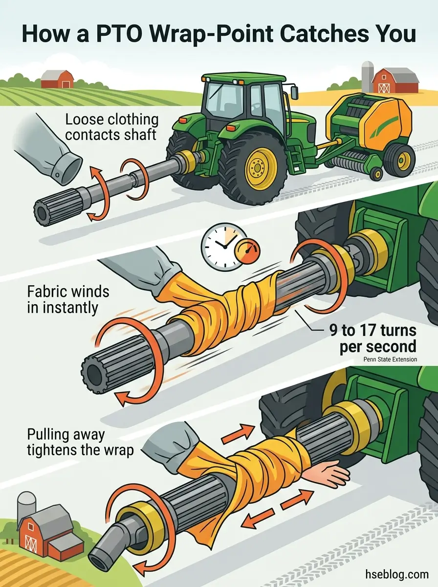 Infographic showing how a PTO wrap-point on farm equipment catches loose clothing, illustrating the rotating shaft mechanism and wrapping process that creates an entanglement hazard.
