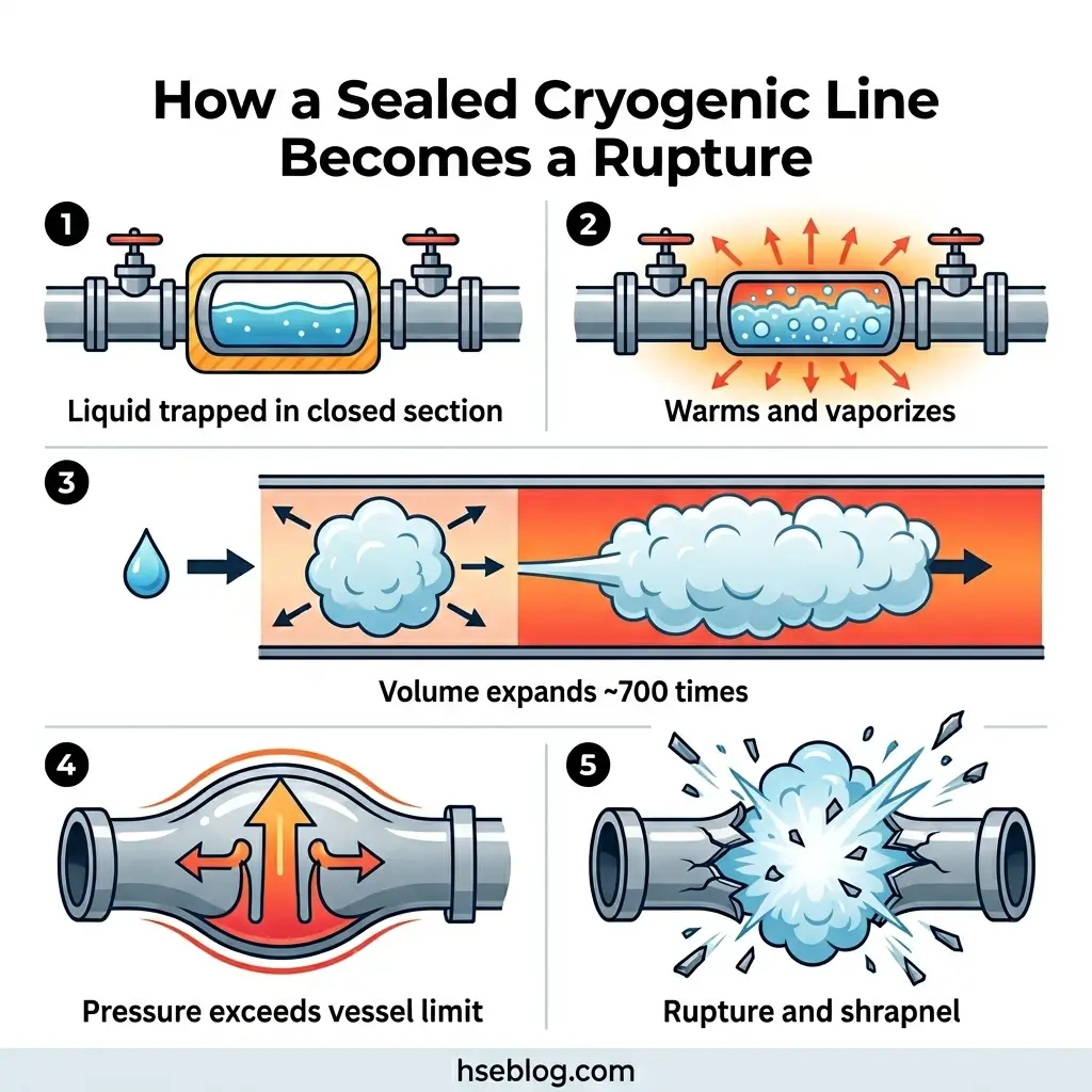 Diagram showing five steps of how a sealed cryogenic line ruptures: liquid trapped in a closed section, warming and vaporizing, volume expanding 700 times, pressure exceeding vessel limits, and finally rupture with shrapnel.