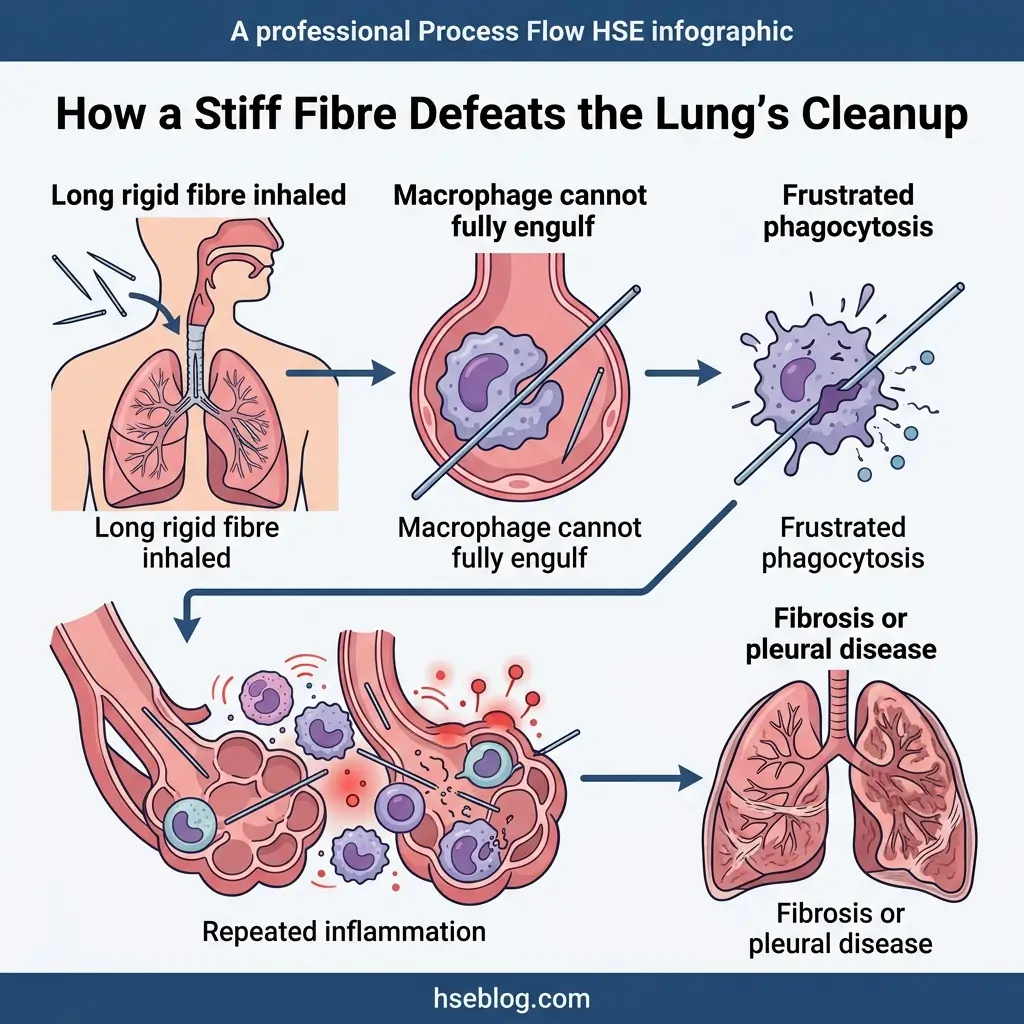 Infographic showing how stiff fibers like asbestos damage lungs by resisting macrophage cleanup, causing frustrated phagocytosis, repeated inflammation, and leading to fibrosis or pleural disease.