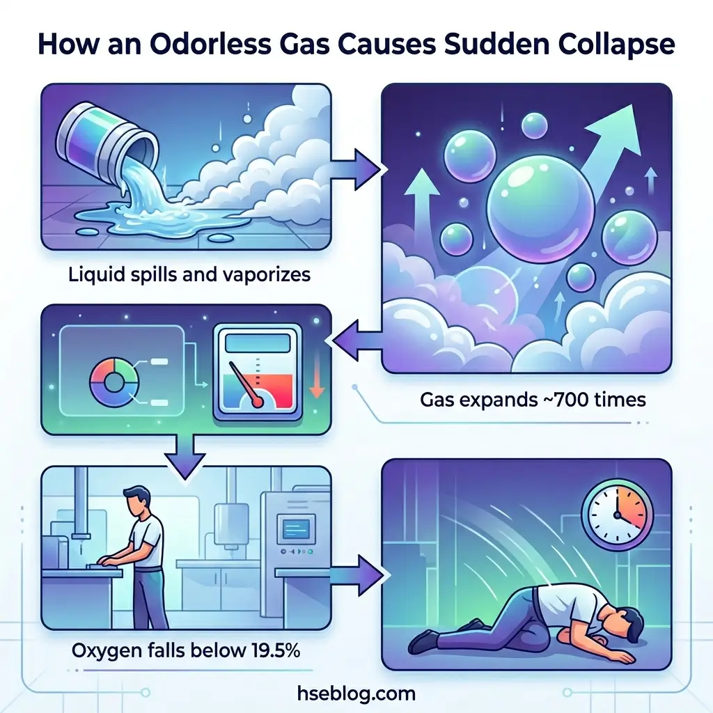 Infographic showing four stages of how odorless gas causes sudden collapse: liquid spilling and vaporizing, gas expanding 700 times, oxygen levels dropping below 19.5%, and a person losing consciousness.