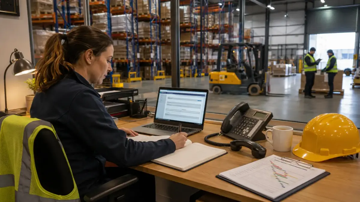 Woman in dark jacket working at desk with laptop in warehouse office, with forklift and workers visible through glass windows behind her.
