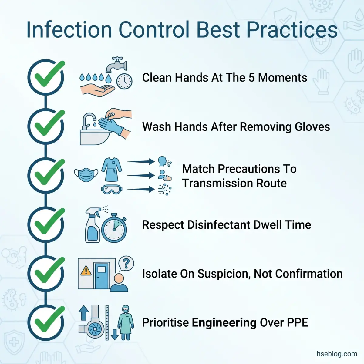 Infographic displaying six key infection control best practices including hand hygiene, glove removal, precautions, disinfection, isolation protocols, and engineering controls with checkmark icons.