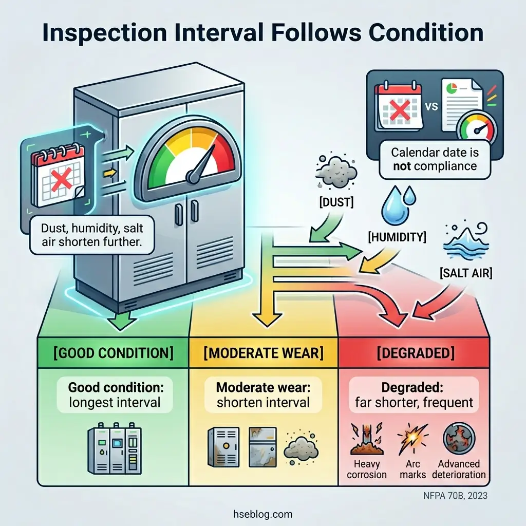 Infographic showing how electrical equipment inspection intervals adjust based on operating conditions, ranging from good condition with longest intervals to degraded condition requiring frequent inspections due to dust, humidity, and salt air exposure.