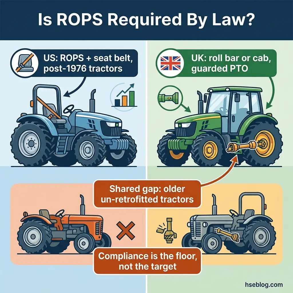 Comparison infographic showing ROPS and safety requirements for tractors in the US and UK, highlighting that older un-retrofitted tractors lack required rollover protection in both countries.