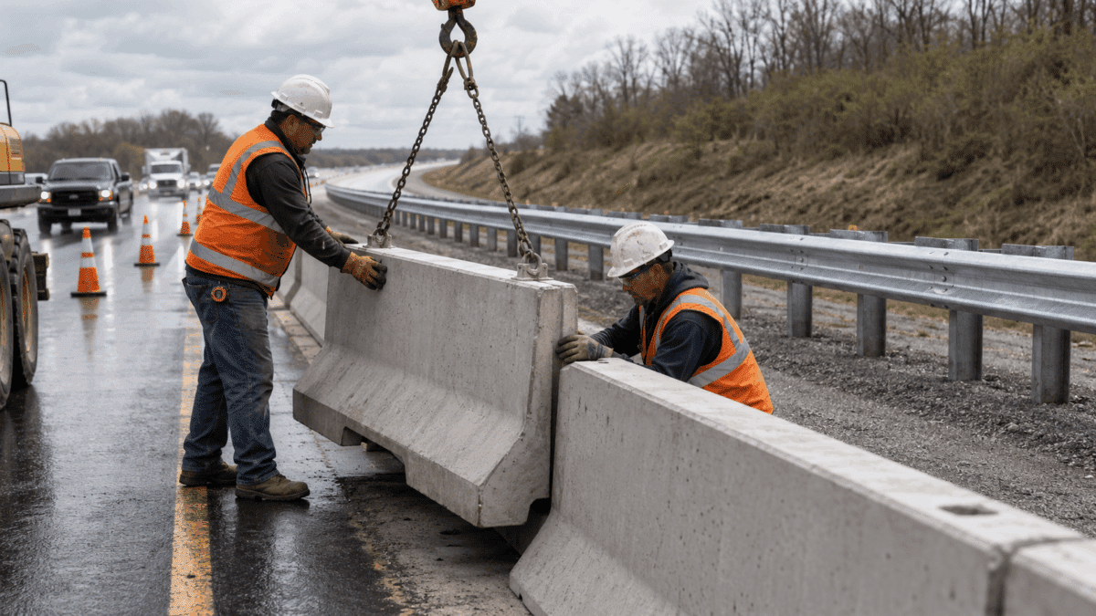 Two construction workers in safety vests and hard hats install a concrete barrier on a wet highway, with traffic and bare trees visible in the background.