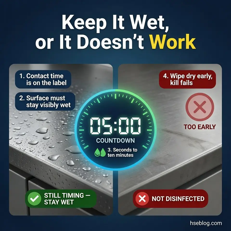 Infographic showing proper disinfectant application with a wet surface and countdown timer displaying 05:00, explaining that surfaces must stay visibly wet during contact time or disinfection fails.