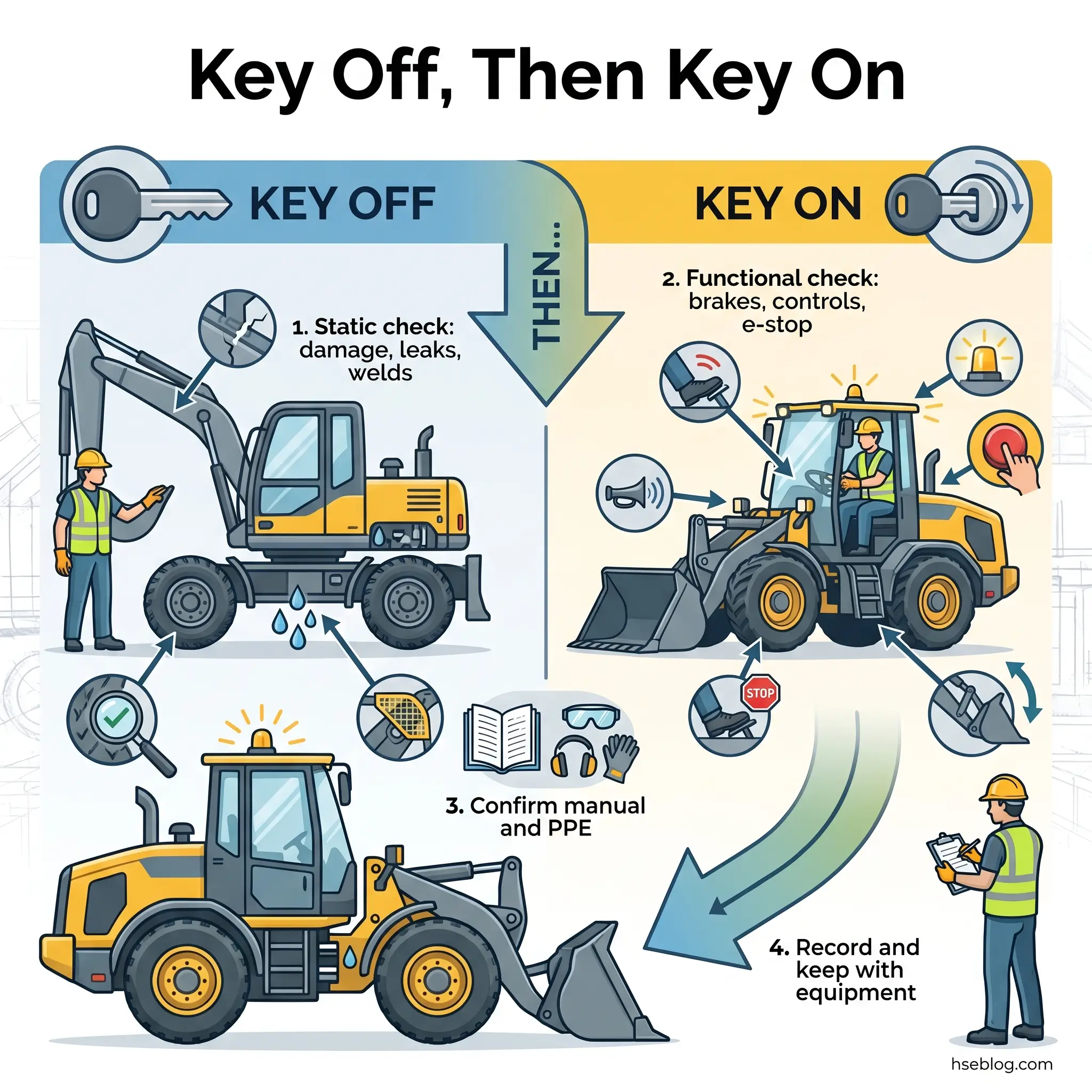 Infographic showing heavy equipment pre-operation and post-operation inspection procedures, with checklist steps for static checks, functional checks, PPE confirmation, and documentation.