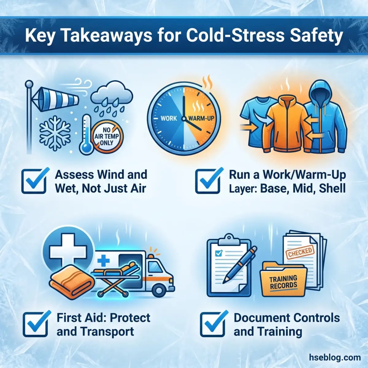 Infographic showing four key safety measures for cold-stress prevention: assessing wind and wet conditions, using work and warm-up clothing layers, providing first aid and transport, and documenting controls and training.