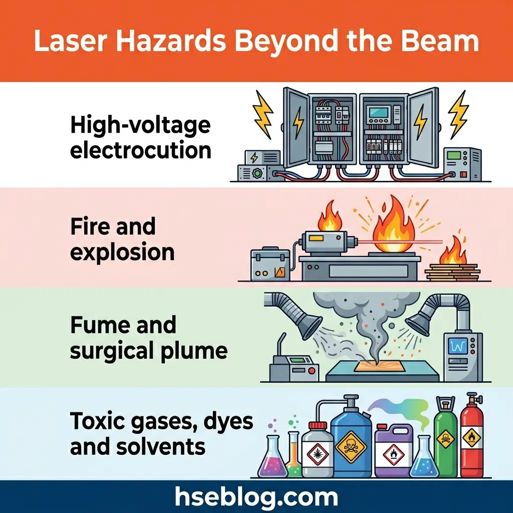 Infographic showing four major laser hazards beyond the beam: high-voltage electrocution from equipment panels, fire and explosion risks, fume and surgical plume inhalation, and toxic gases, dyes and solvents exposure.