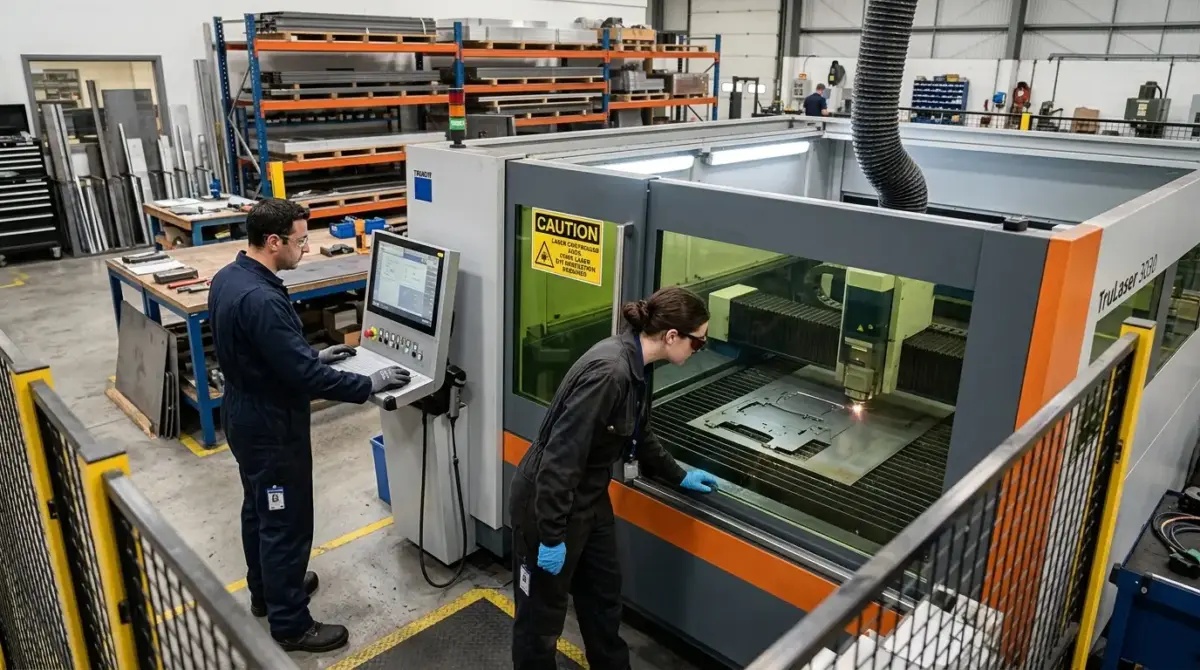 Industrial manufacturing facility with two workers operating a large laser cutting machine with orange and gray casing, while a third worker manages the control panel at a computer workstation in the background.