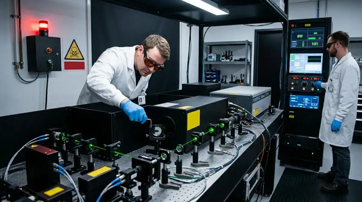 Two scientists in lab coats and protective eyewear work with laser and optical equipment on an optical bench in a modern laboratory, with control panels and monitoring displays visible in the background.