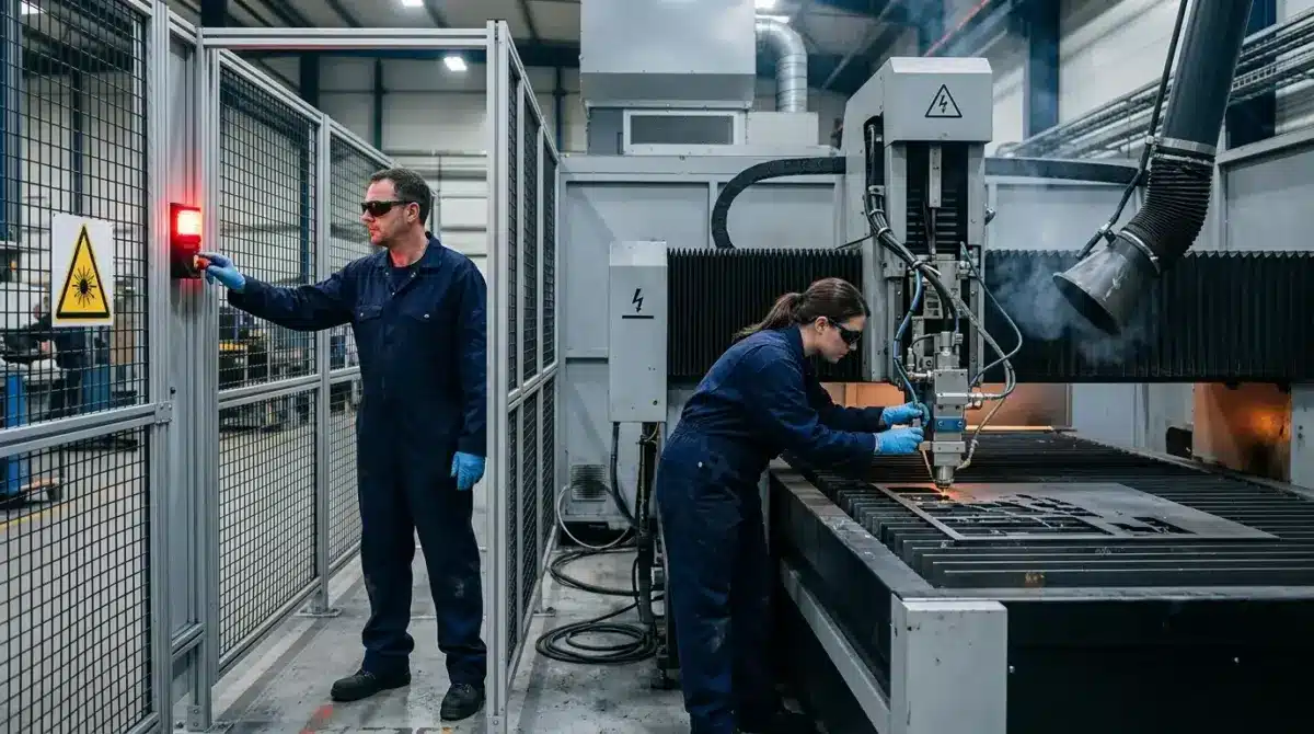 Two industrial workers in blue uniforms and safety glasses operate a laser cutting machine in a factory, with one monitoring the equipment while the other manages the cutting process on metal material.
