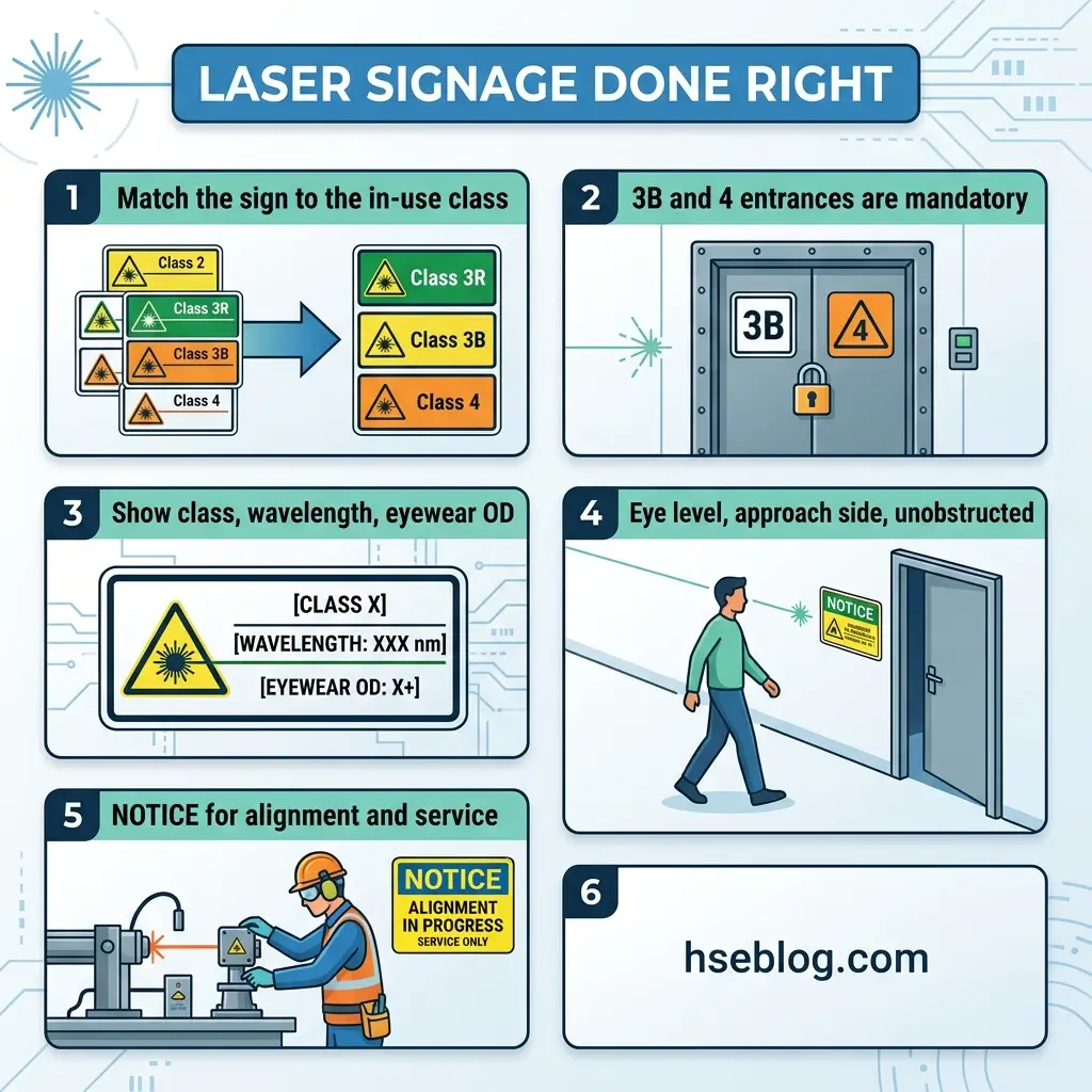 Infographic showing six best practices for laser signage safety, including matching signs to laser class, mandatory entrance requirements, displaying hazard information, proper placement, alignment notices, and referencing hseblog.com for details.