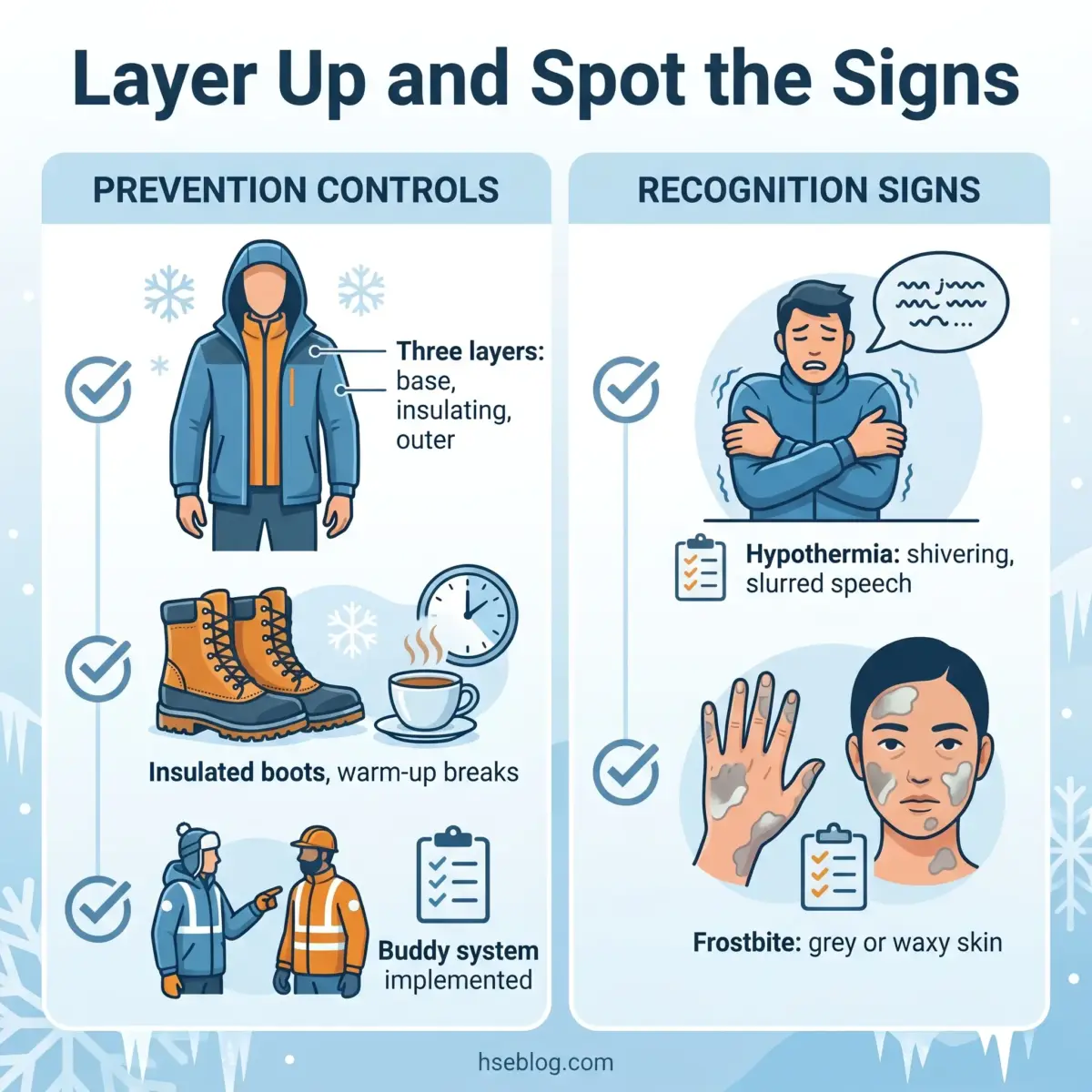 Infographic showing cold weather safety with prevention controls like layered clothing and buddy systems on the left, and recognition signs of hypothermia and frostbite on the right.