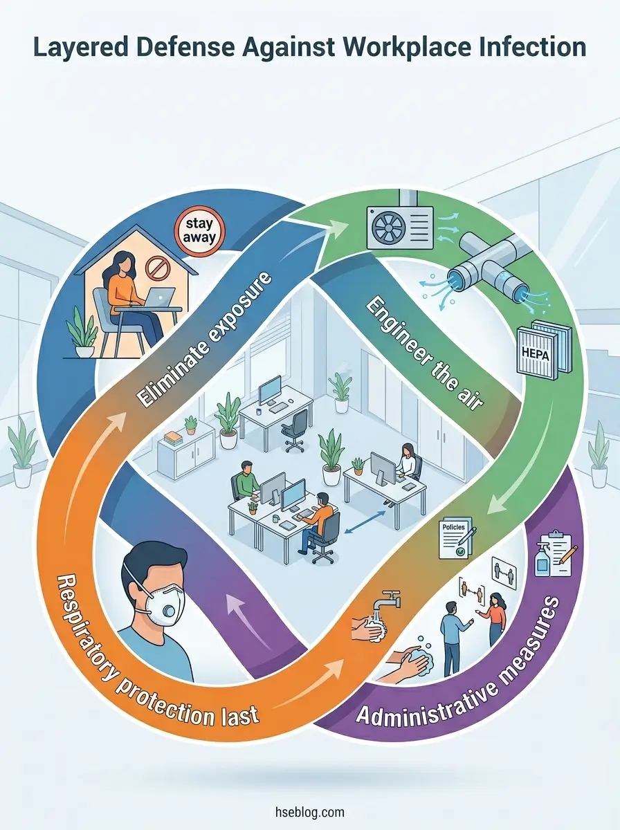 Infographic showing a layered defense strategy against workplace infection with four interconnected layers: eliminate exposure, engineer the air, administrative measures, and respiratory protection, surrounding a central office environment.